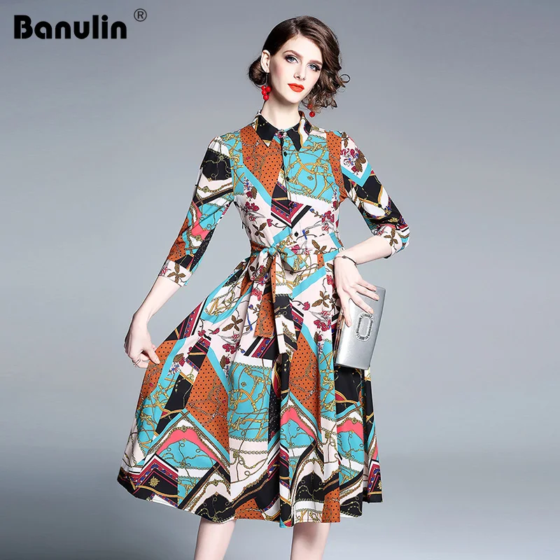 

Banulin 2019 Spring Sum,er Fashion Runway Loose Dress Women's Long Sleeve Belted Vintage Floral Stain Printes Shirt Dresses