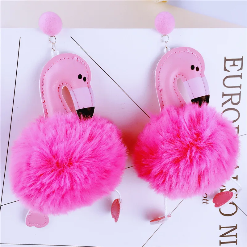 

FishSheep Cartoon Big Flamingo Pom Pom Pendant Drop Earrings For Women Fluffy Artificial Rabbit Fur Ball Animal Dangle Earrrings