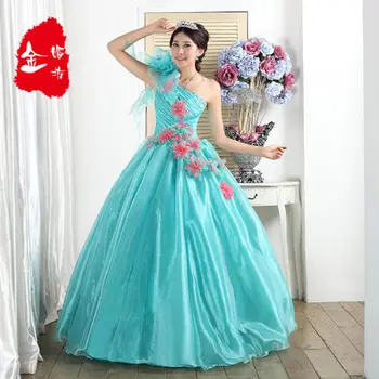 

100%real blue dahlia flower single shoulder ball gown queen medieval dress Renaissance gown Si princess Victoria Belle Ball