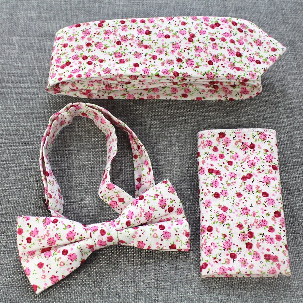  Ricnais Handkerchief Bowtie and Tie Set For Men Floral Printing Cotton Necktie Pocket Square Sets S