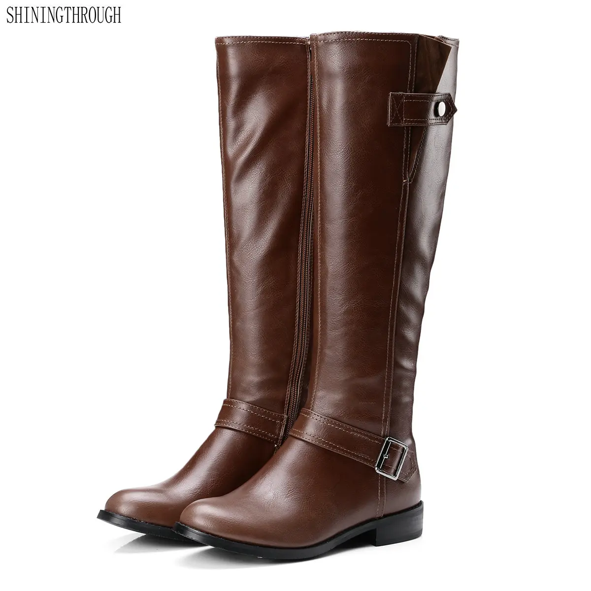 

2019 Western boots woman Spring autumn Knee high Boots Square low Heels Women Boots Sexy Ladies buckle casual shoes Size 34-43