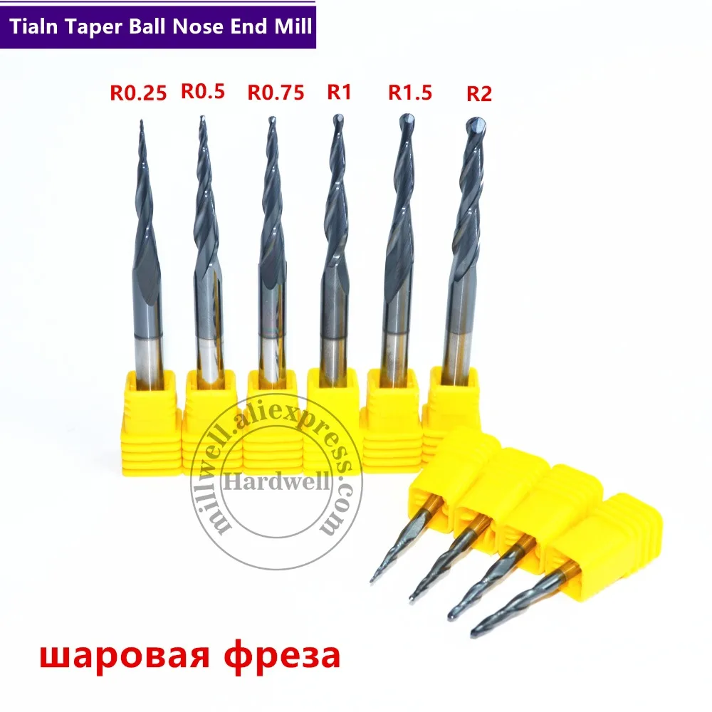 R0.25 & R0.5 & 0.75 & 1.0 & R1.5 & R2-1PCS cnc 텅스텐 카바이드 2 플루트 테이퍼 볼 코 밀링 커터, 목공 구형 조각 비트
