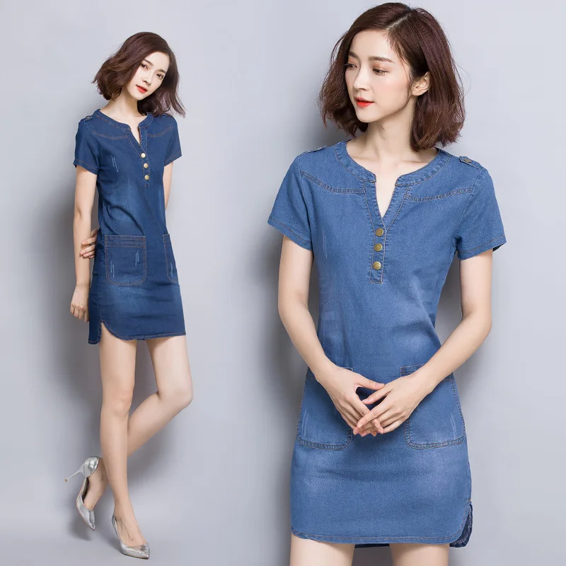 

New Style Fashion Women Short Sleeve V Neck Loose A-word Thin Jeans Denim Dress