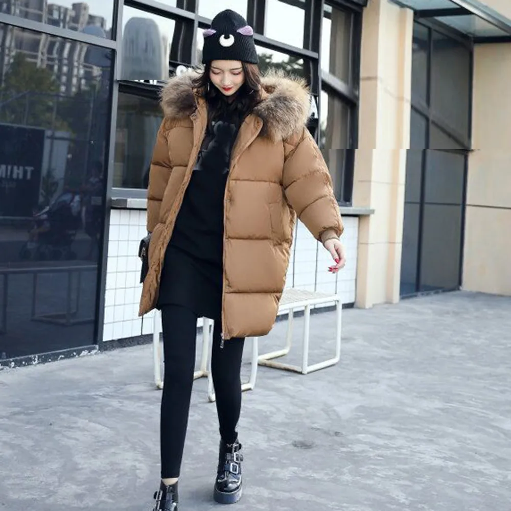 

New 2019 Fashion Warm Winter Jacket Women Big Fur Thick Slim solid Female Jacket Winter Women Hooded Coat Down Long Outerwear