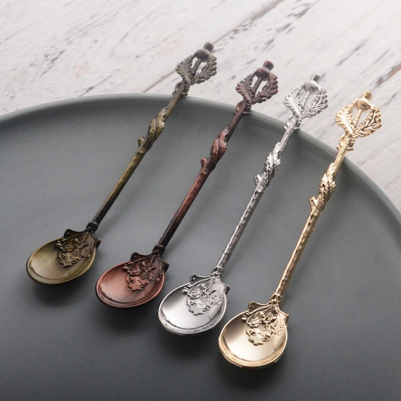 

Vintage Zinc Alloy Coffee Spoon Set Thistle Leaves British Afternoon Tea Mixing Scoop Retro Engrave Dessert Cake Spoons 4pcs/set