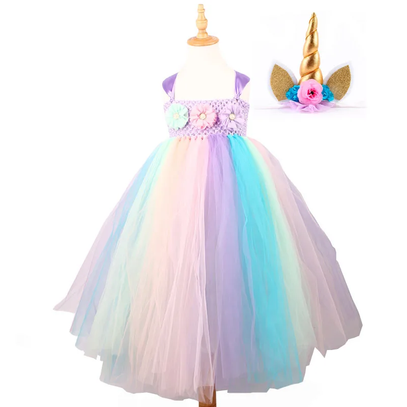 Платье-пачка с цветочным рисунком и единорогом для девочек с повязкой на голову; Пастельное Радужное платье для детей; праздничная одежда для дня рождения; костюм феи