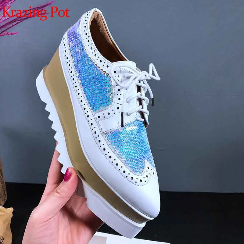 

Krazing pot hot selling 2019 genuine leather bling shiny sequined cloth pointed toe lace up wooden sole casual oxford shoes L18