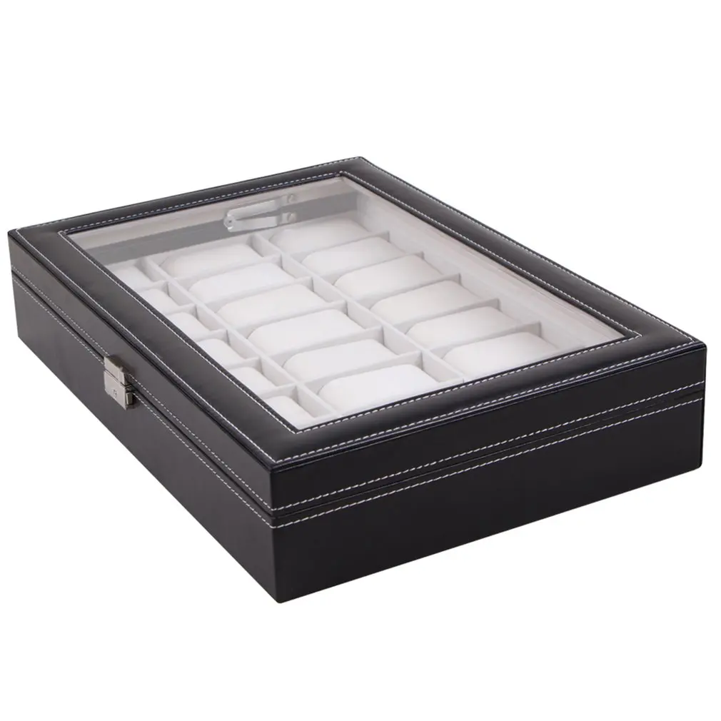 Black PU Leather 24 Grid Wristwatch Watch Box Jewelry Storage Case Organizer Classical Holder Foam Pad Pillow Transparent Glass