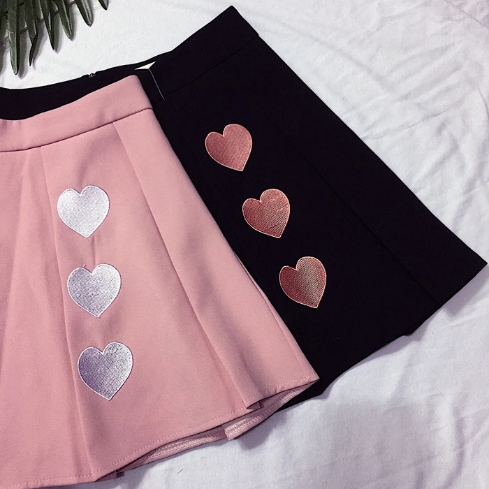 

Summer Harajuku Style Women Skirts Lovely Heart Embroidery Pleated Skirt High Waist Pink/Black Cute Sweet female Skirts