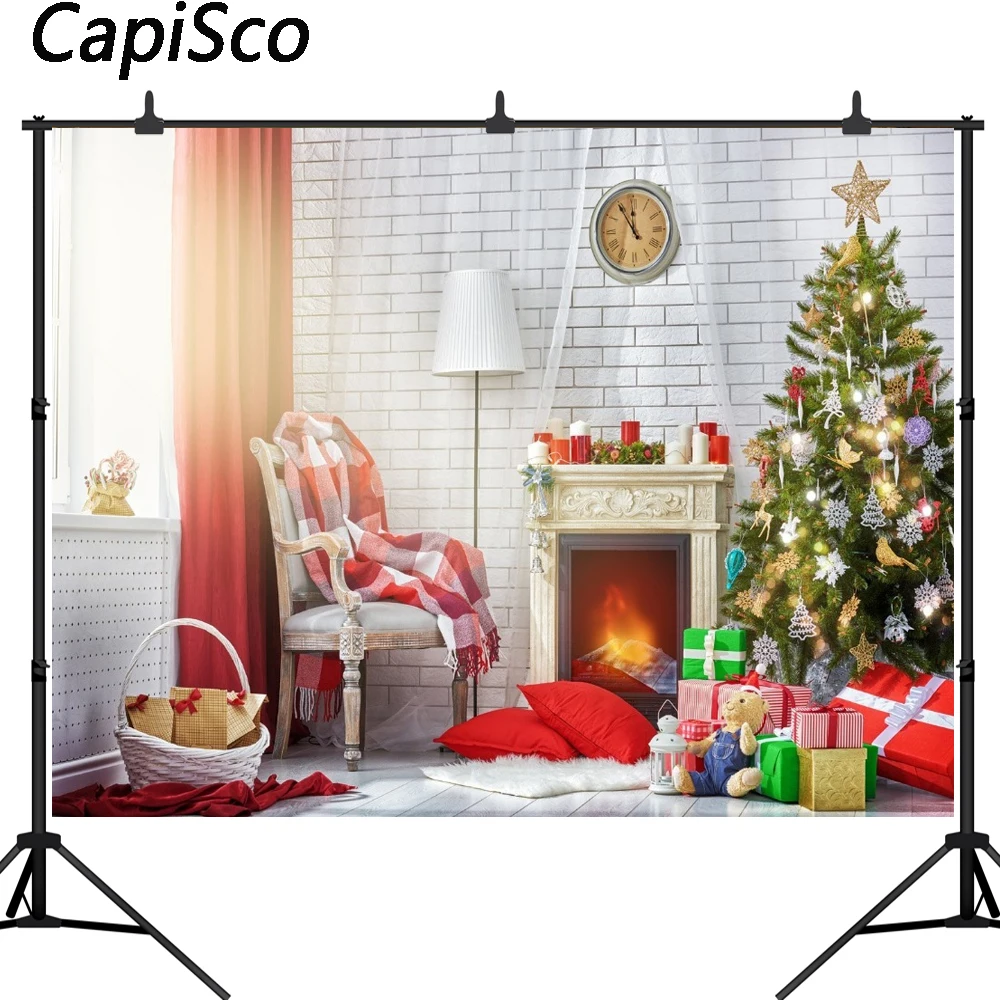 

Capisco Christmas Backdrop White brick Photography Background Christmas Tree Fireplace Children Backdrops for Photo Studio