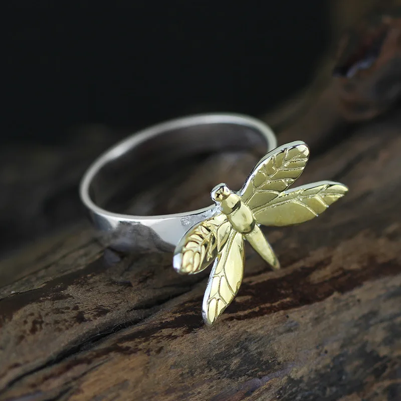 925 sterling silver ring gold plated dragonfly opening ring female ring jewelry  adjustable open ring anel de prata esterlina
