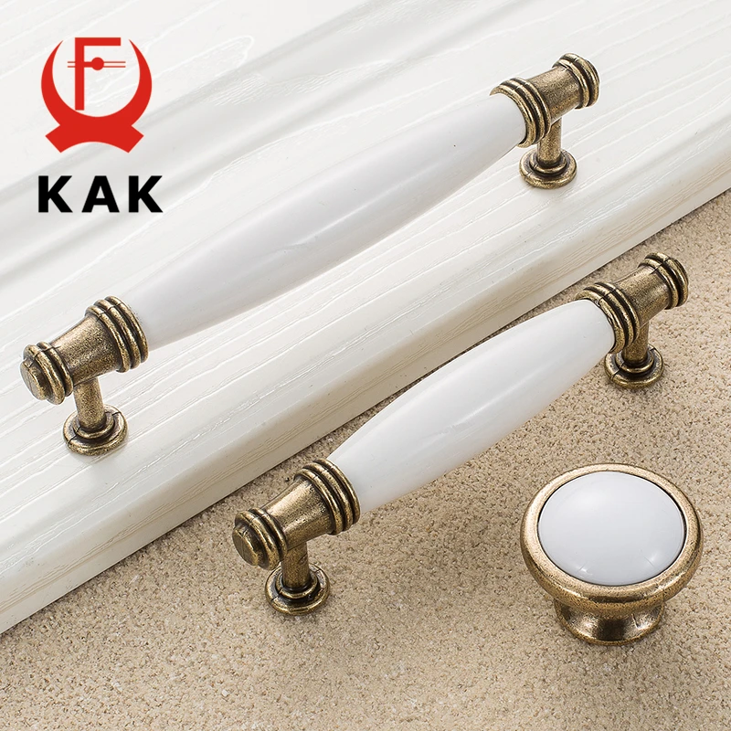 KAK Antique Bronze White Ceramic Cabinet Handles Zinc Alloy Drawer knobs Wardrobe Door Handle Simple European Furniture Hardware