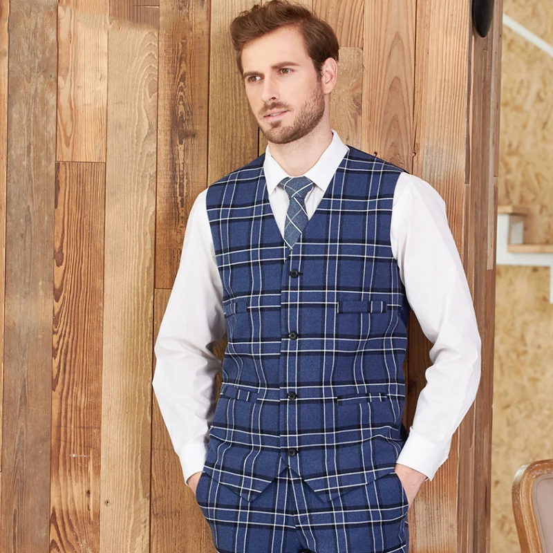 Men;s Morden Fit Suit Waistcoats Navy Blue Checked Sleeveless Business Casual Suit Vests Adjusted Plus Size Tuxedo Blazer Colete