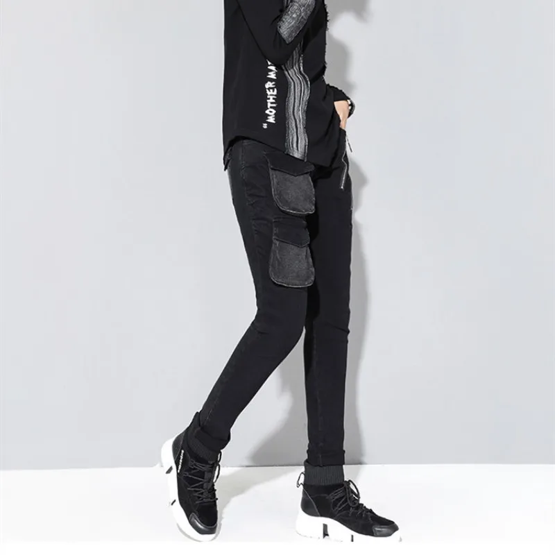 Новый 2019 Slim Fit сплошной черный высокая талия повседневное джинсы для женщин карманов застёжки молнии Punck брюки для девочек уличная мода