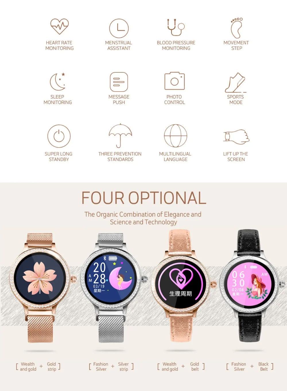 Умные часы для женщин, физиологический пульсометр, кровяное давление, несколько видов спорта, фитнес, Bluetooth, часы для IOS, Android
