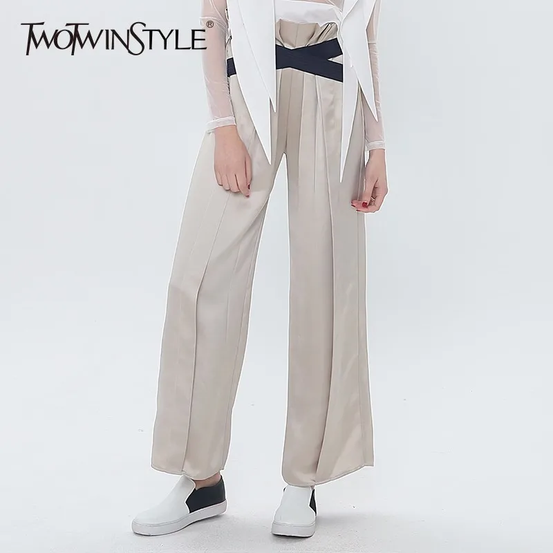 

TWOTWINSTYLE Ruffle Trousers For Women Elastic High Waist Ankle Length Wide Leg Pants Female Large Size Korean Fashion 2019