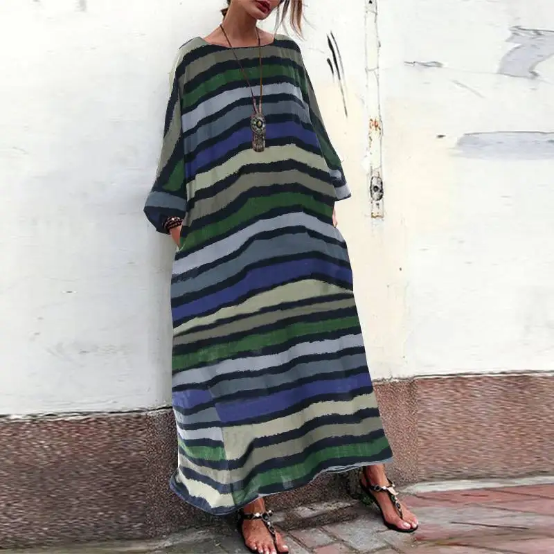 Женское длинное платье макси размера плюс, сарафан, ZANZEA, модное повседневное женское платье, винтажное богемное летнее платье - Цвет: 961 Green