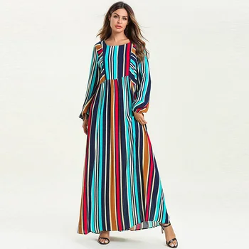 

Muslim robes women's loose long skirt Arabian fashion long-sleeved colorful striped belt thin section patch dress