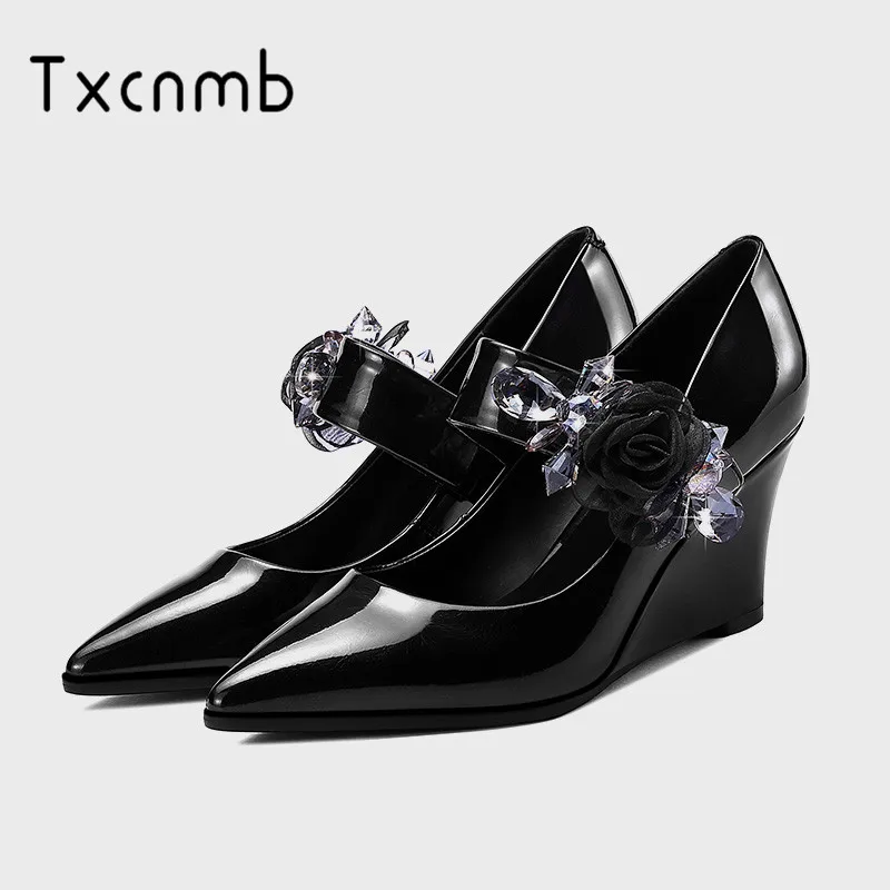 

TXCNMB Women Pumps 2020 wedges High Heels Sexy women shoes Wedding fashion Party Shoes For Lady Genuine Leather Shoes Woman