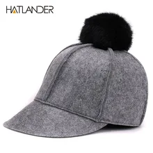 [HATLANDER] Зимняя шерстяная Бейсболка для женщин, уличные теплые шапки для девушек, одноцветная Кепка, серая, 6 панелей, с помпоном, шерстяная фетровая Кепка