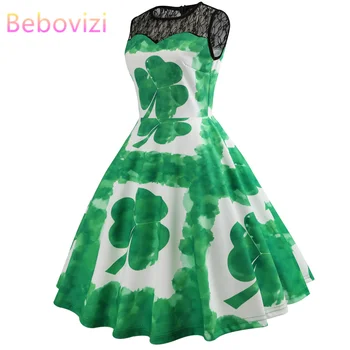 

Bebovizi Women Clothes 2019 Summer Plus Size Sexy Party O-Neck Dress Casual Office Elegant Print Mesh Stitching Vintage Dresses