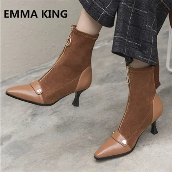 

EMMA KING European Fashion Winter Shoes Women Thin Heels Pointed Toe Casual Ladies Boots Zipper Details Retro Style Ankle Boots