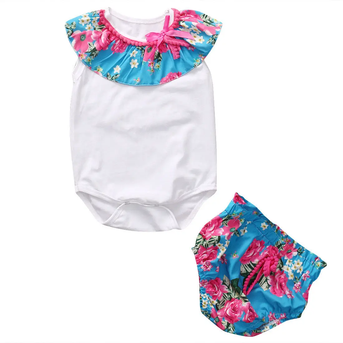 

2Pcs/Set Newborn Baby Girl Clothes Floral Romper Baby Tops +Flower Bloomers Shorts Outfit Bebek Giyim Kids Ruffle Clothing Set