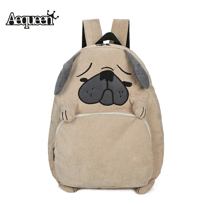 AEQUEEN Canvas Women Backpack Schoolbag Cute Dog Embroidery Corduroy