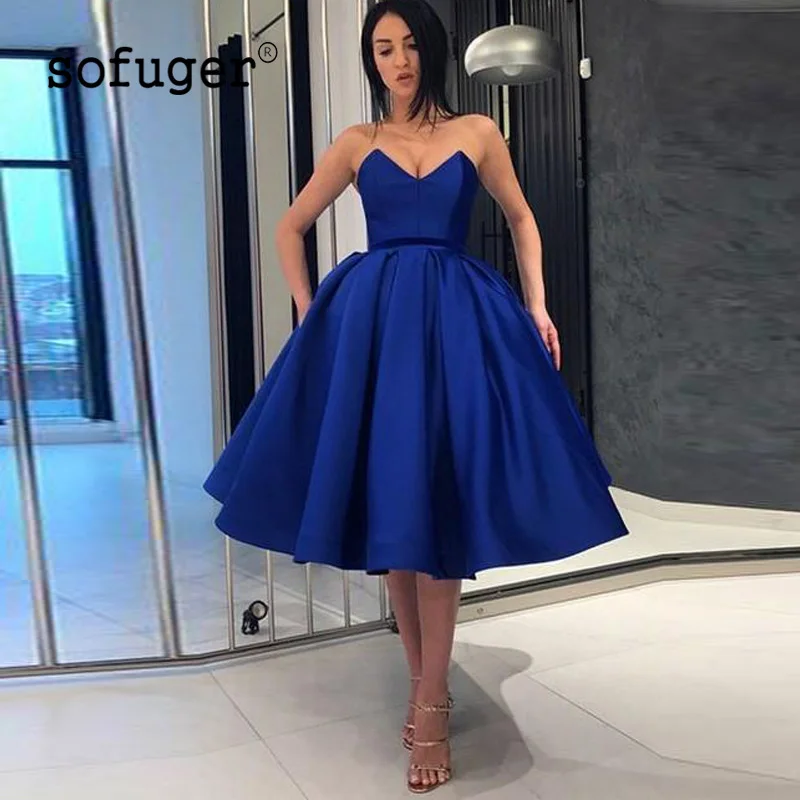 

Blue Simple Sexy A Line Short Tea Length Satin Prom Dresses Party Evening Dress Vestidos De Festa