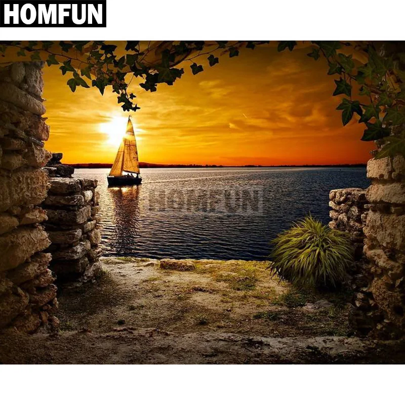 HOMFUN Diamond Embroidery DIY Painting Cross Stitch Kit &quotSunset Sailboat&quot 5D Needlework Home Decoration A02430 | Дом и сад