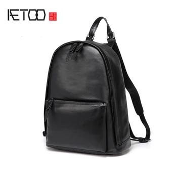 

AETOO Leather head cowhide litchi tattoo male computer bag backpack in large college travel bag