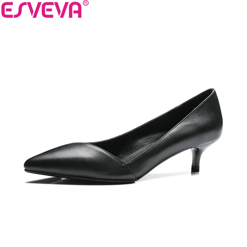

ESVEVA 2018 Women Pumps Thin Med Heels Elegant Cow Leather PU Spring Autumn Pointed Toe Slip on Concise Ladies Shoes Size 34-41