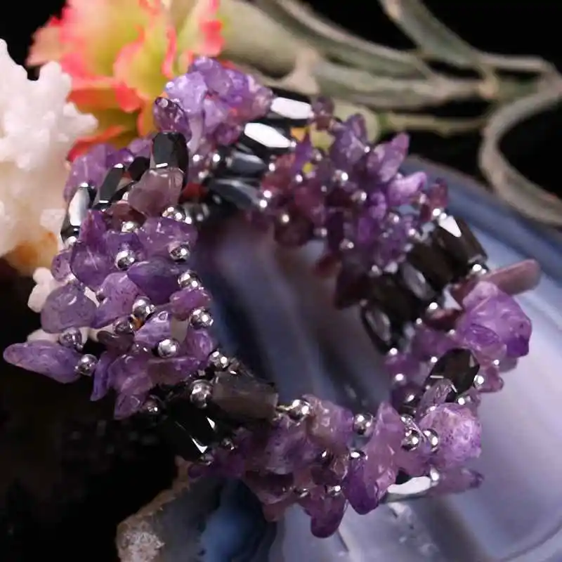 

SUNYIK Purple Crystal Chips Stone Magnetic Hematite Beads Wristband Bracelet Choker Necklace