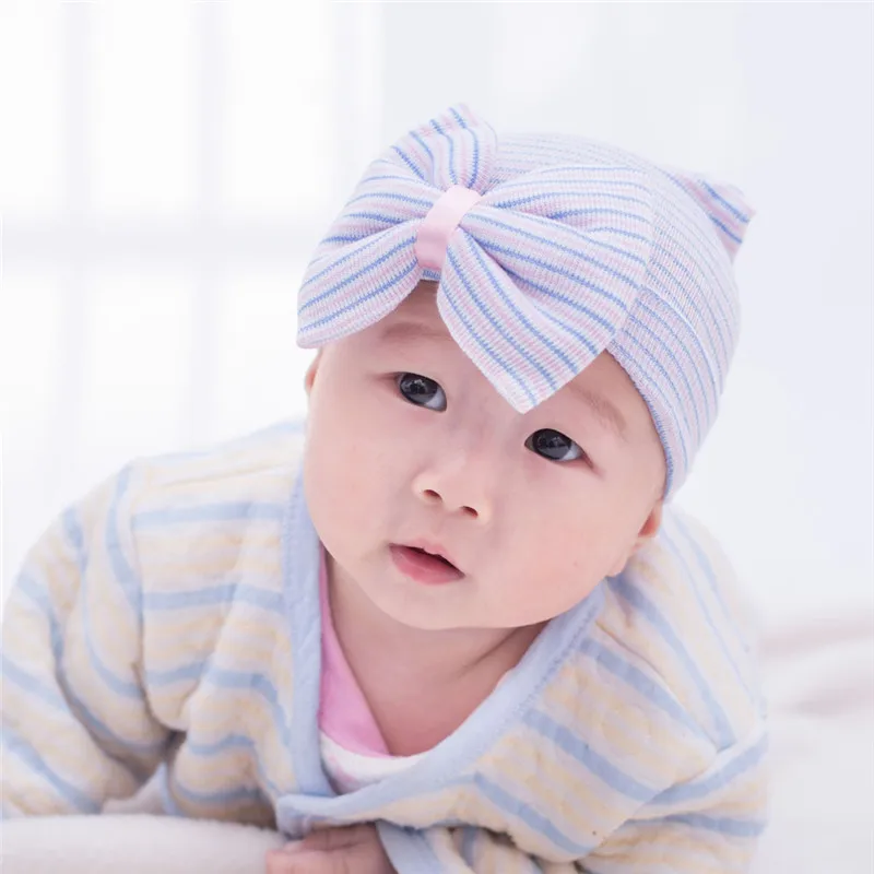 0-3 месяца больница новорожденный хлопковые шапочки для детей шапочка с бантом Мягкая вязаная шина полосатая детские шапки малыши Bebe шляпы для фотографии