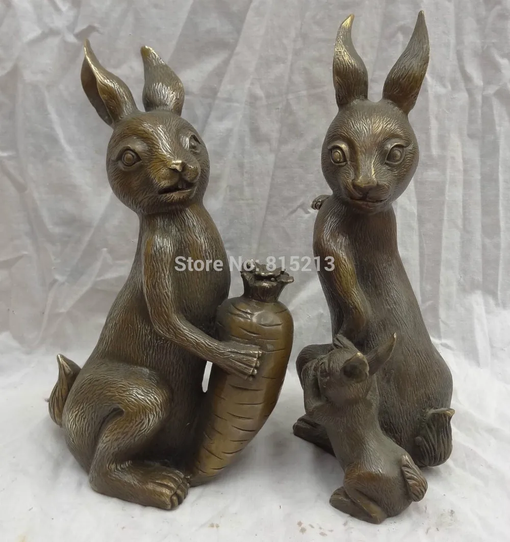 

bi001087 11" China Bronze FengShui Wealth Rabbit Carry Cai Daucus Carota Statue Pair