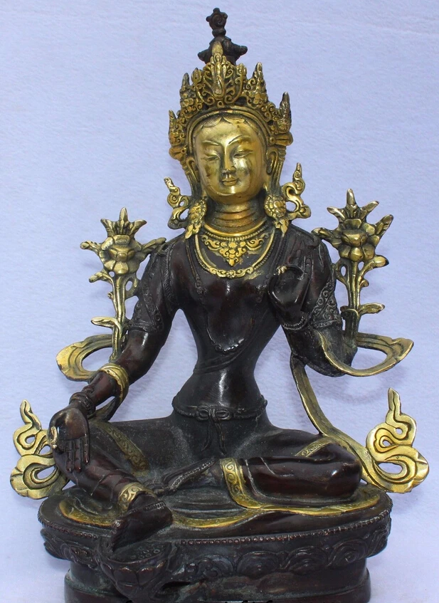 

shitou 003274 13" Tibet Buddhism Bronze Gild Seat lotus Green Tara Goddess Buddha Statue Joos