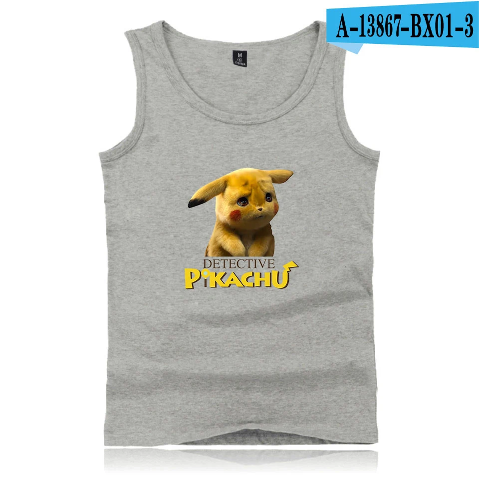 Pokemon Detective Pikachu 2D Printing Cotton Fashion Men Tank Tops Summer Sleeveless Coat Hot Trend Casual Clothing Vest - Цвет: Gray