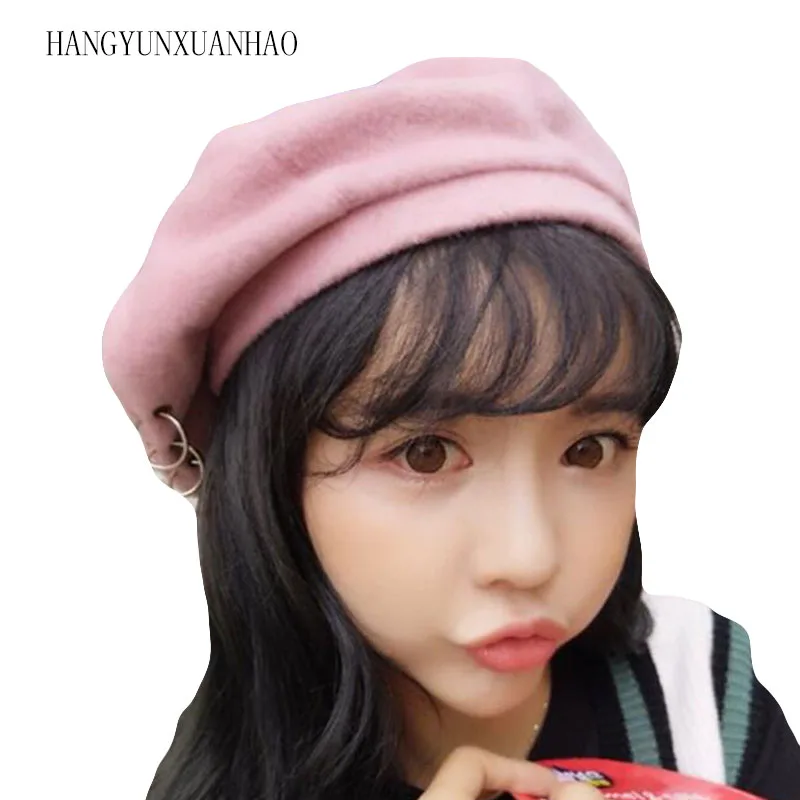 HANGYUNXUANHAO зимние шапки новые Harajuku береты железные кольца берет 17 век черный шерстяной берет