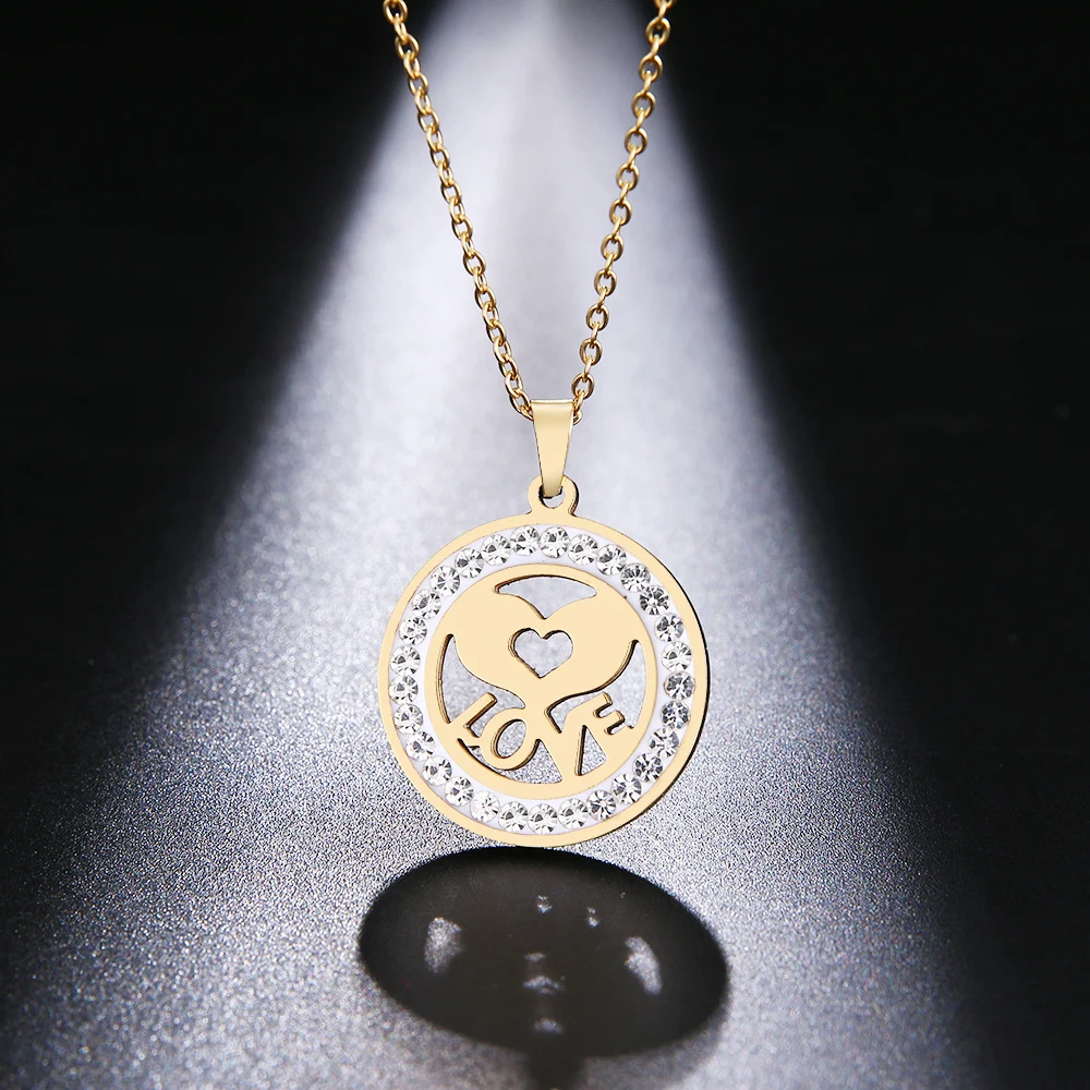 Cacana Stainless Steel Crystal Round Pendants Necklace Women Jewelry Heart Love Trendy Necklaces Donot Fade Valentine's Day Gift (7)