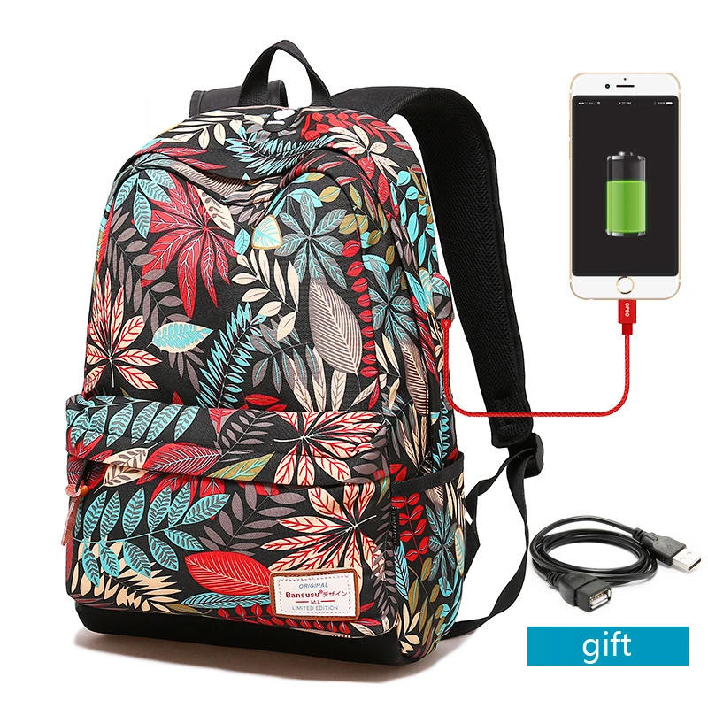 Women USB Charging Laptop Backpack for Teenage Girls School Bag Printing Female Backpacks College Students | Багаж и сумки