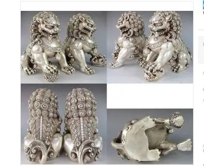 6" A Pair Chinese Silver Bronze Fu Foo Dog Guardian lion Statue 