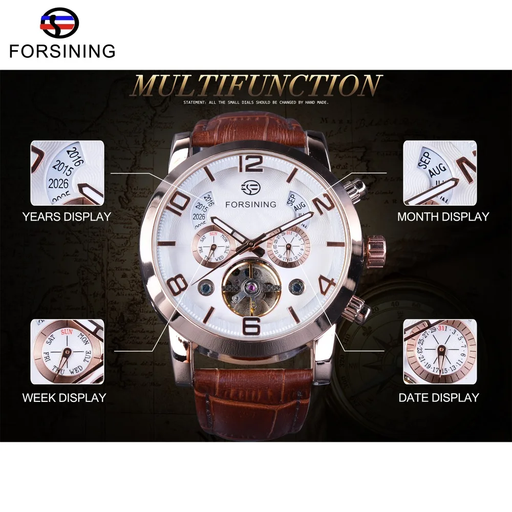 Forsining коричневый ремень из натуральной кожи Tourbillion Роскошные Maltifuction дисплей мужские деловые автоматические часы лучший бренд класса люкс