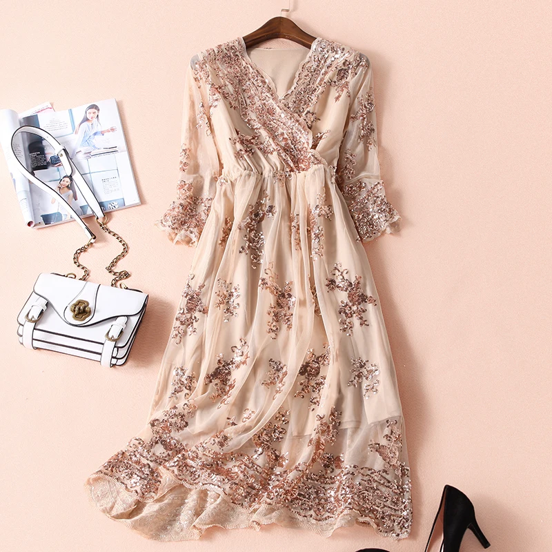 

2019 NEW V neck long sleeve sequin party dresses women Sexy mesh streetwear christmas midi dress female autumn dress vestido