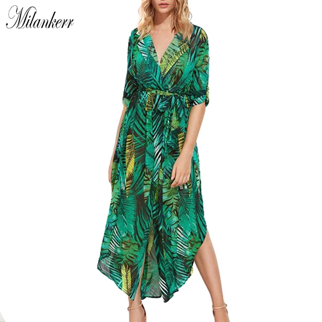 Cheap 2018 New Irregular Chiffon Beach Cover Up Dress for Women Split Sexy Slim Beach Dress Leaves Print V-neck Beachwear Cover-Ups