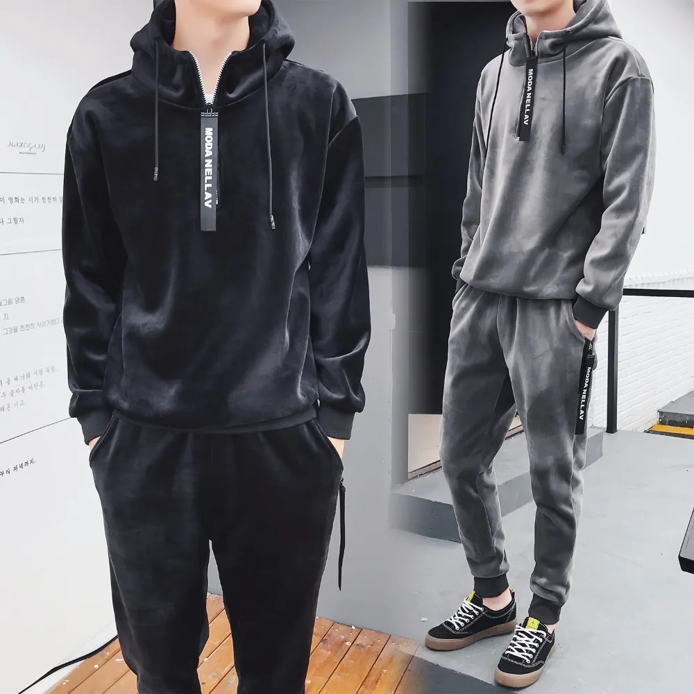 men set 2018 winter new plus Gold velvet thicken warm hooded sweatshirt streetwear hoodies pants two 2
