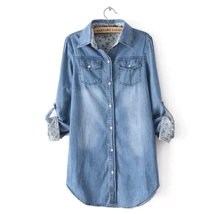 Новая весенне-осенняя Женская одежда, хлопковые рубашки, джинсовые рубашки, Ковбойские рубашки, одежда для беременных, потертые блузки, S-3XL, размер синий
