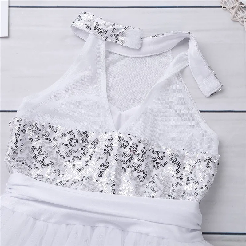 Kids Girls Mock Neck Ballet Dance Dress Gymnastic Leotard Shiny Sequins Sleeveless Mesh Splice Ballet Leotard Flower Girls Dress