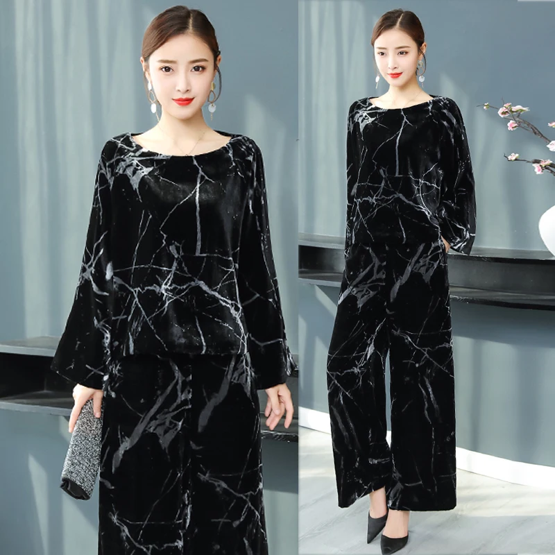 

Black velvet tracksuits women 2 piece set plus size large clothes outfit elegant sportswear co-ord set top and pant suits loose