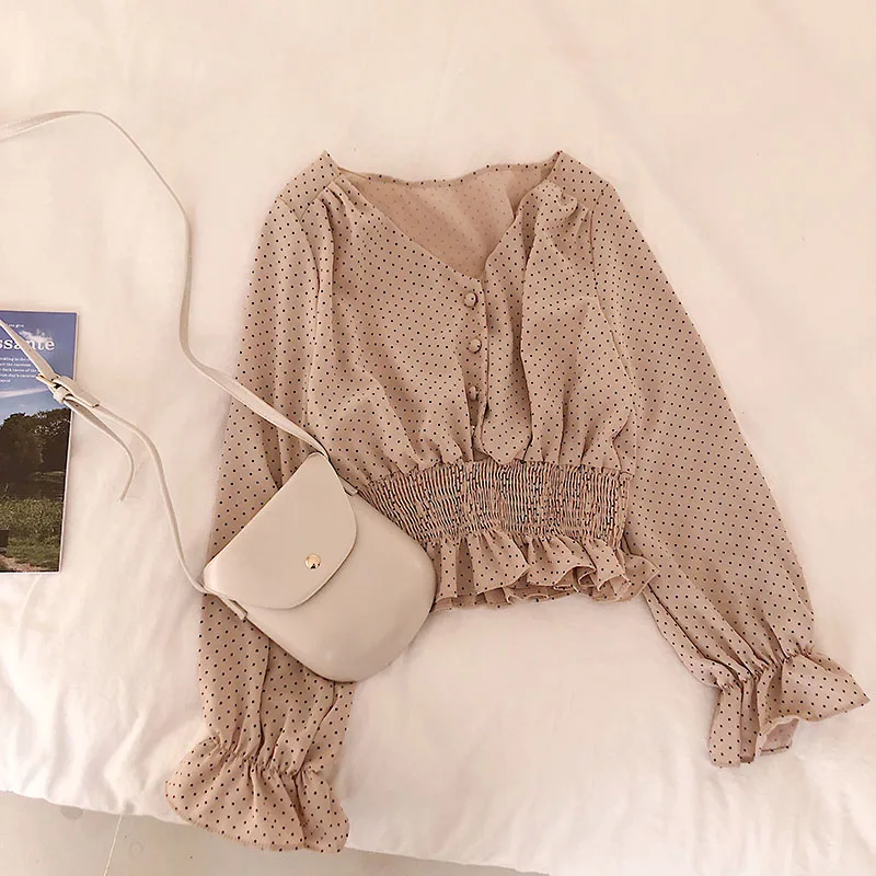 Vintage V-neck Flare Sleeve Polka Dot Women Blouse Shirts Elegant Front Buttons Slim Waist Ruffles Female Blouse blusas 2020 Vintage V-neck Flare Sleeve Polka Dot Women Blouse Shirts Elegant Front Buttons Slim Waist Ruffles Female Blouse blusas 2020