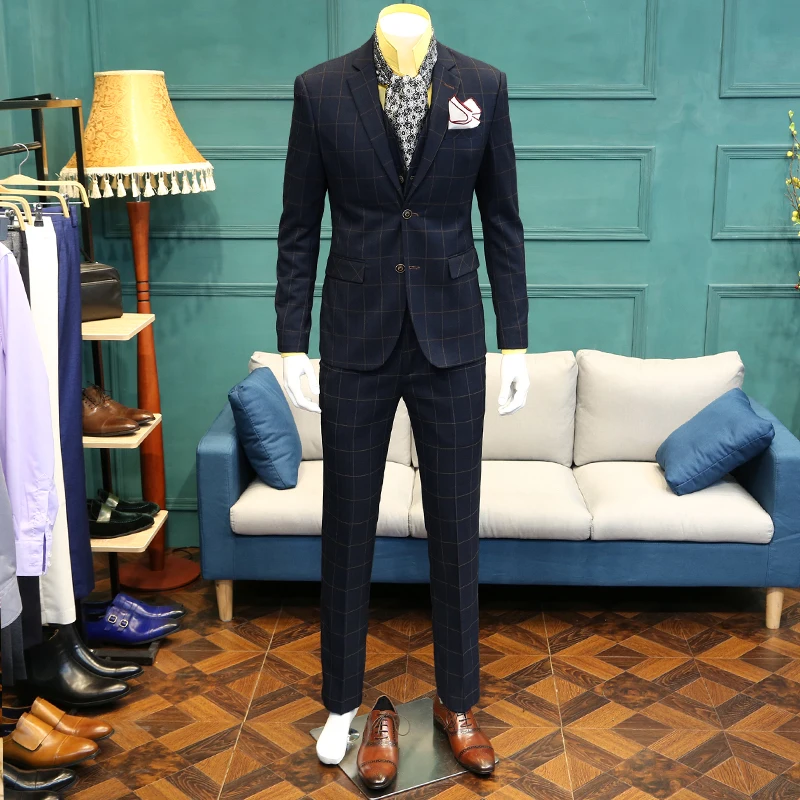 

2019 New Arrival Men Slim Casual Suit Jackets Man's Fashion Blue Plaid Wedding Dresses Suits Male Blazers 365wt11